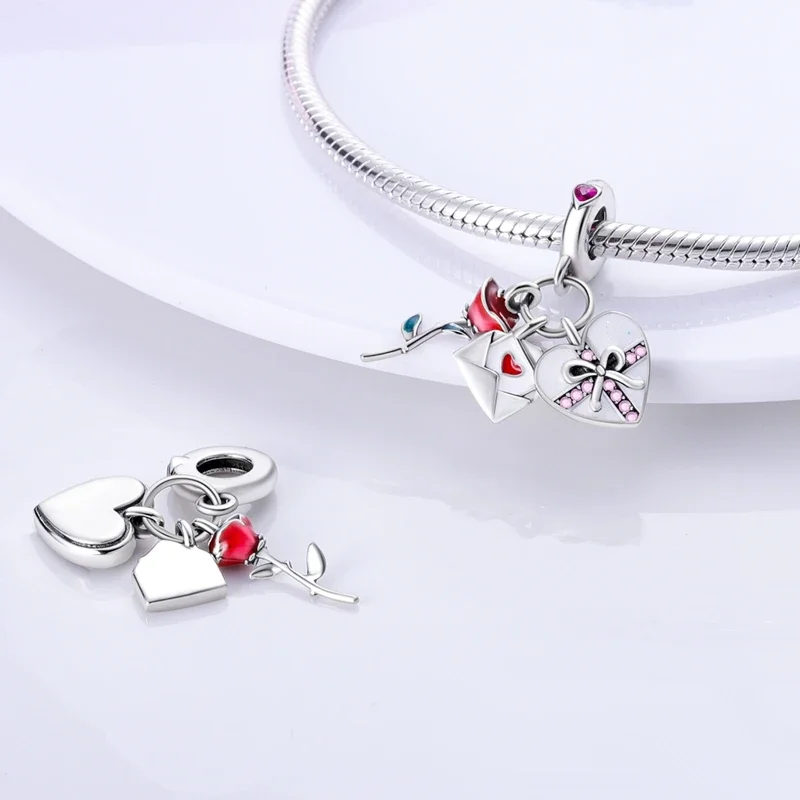 Romantic Valentine's Day Charms Pink Heart Rose Bear Charms Fit for 925 Silver Bracelet Necklace Women Anniversary‘s Gifts