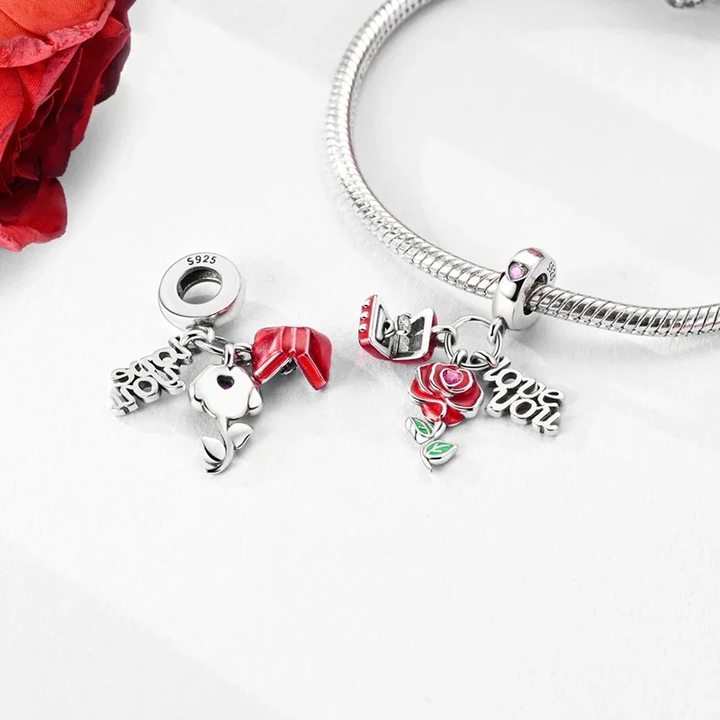 Romantic Valentine's Day Charms Pink Heart Rose Bear Charms Fit for 925 Silver Bracelet Necklace Women Anniversary‘s Gifts
