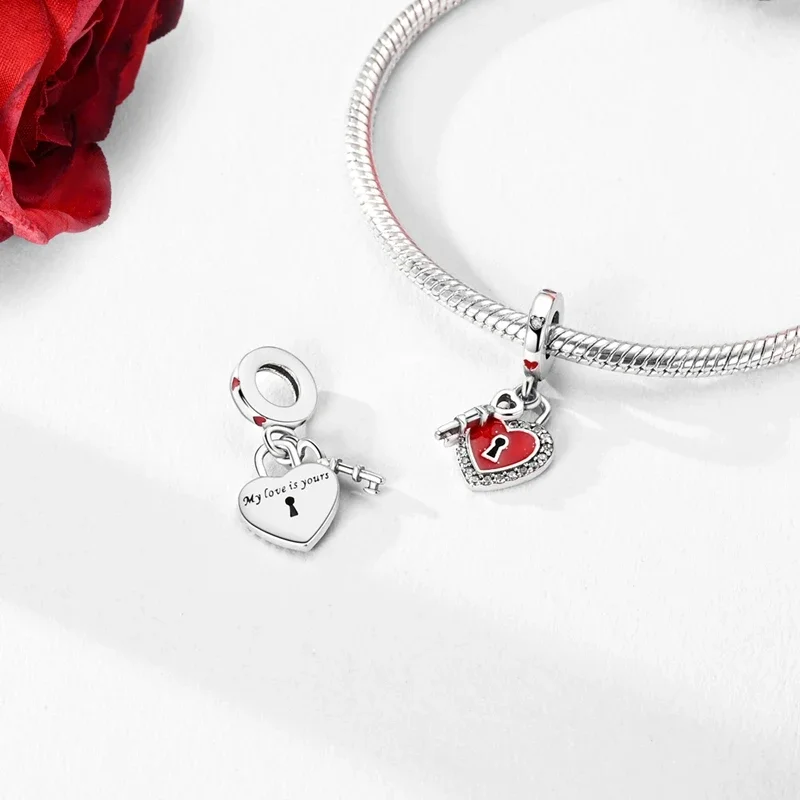 Romantic Valentine's Day Charms Pink Heart Rose Bear Charms Fit for 925 Silver Bracelet Necklace Women Anniversary‘s Gifts