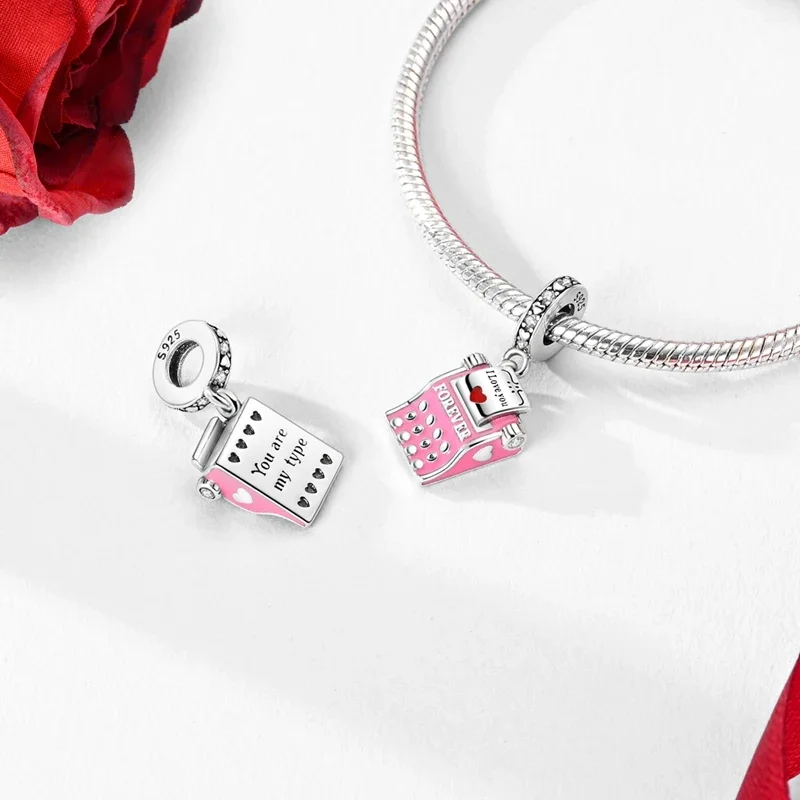 Romantic Valentine's Day Charms Pink Heart Rose Bear Charms Fit for 925 Silver Bracelet Necklace Women Anniversary‘s Gifts