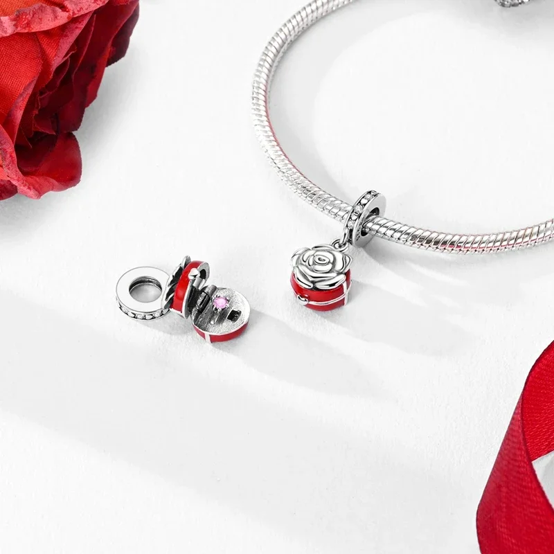 Romantic Valentine's Day Charms Pink Heart Rose Bear Charms Fit for 925 Silver Bracelet Necklace Women Anniversary‘s Gifts