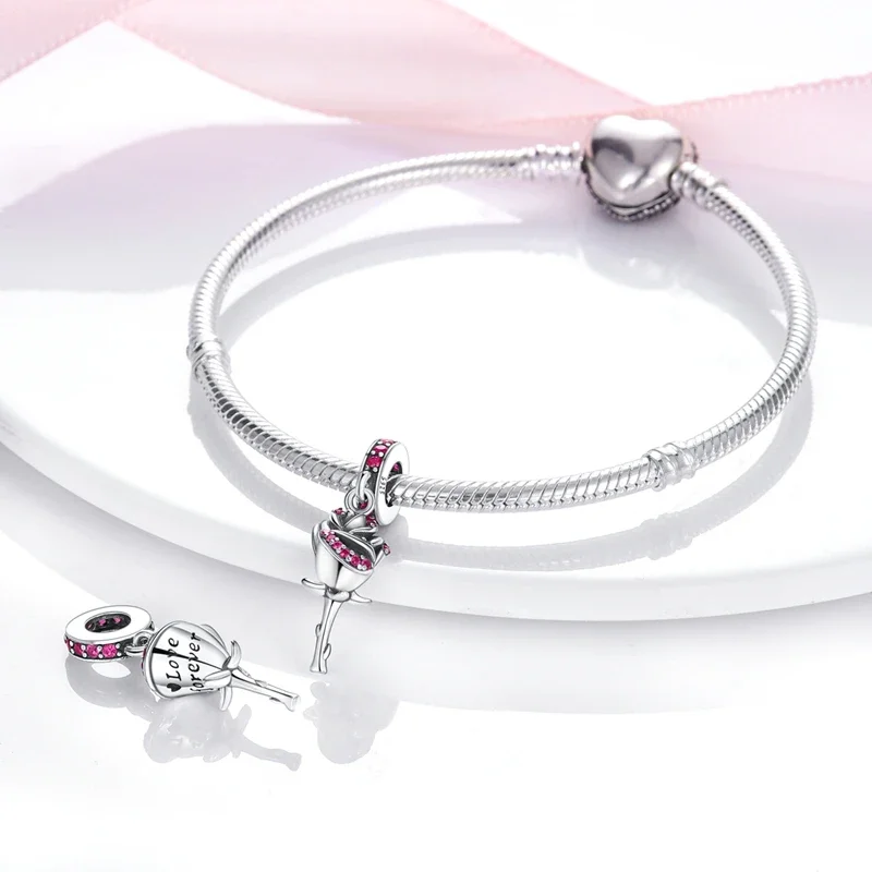 Romantic Valentine's Day Charms Pink Heart Rose Bear Charms Fit for 925 Silver Bracelet Necklace Women Anniversary‘s Gifts