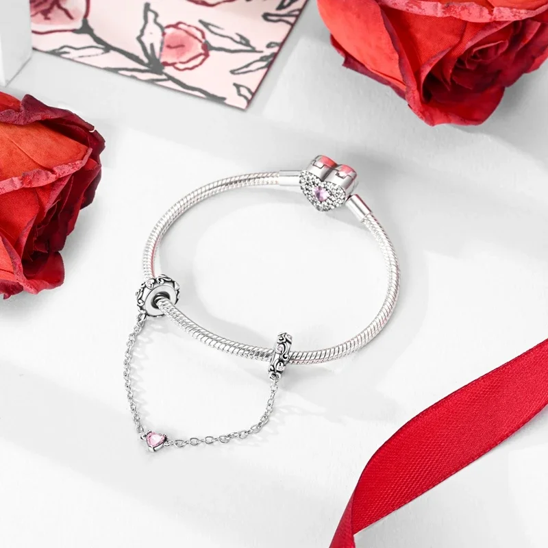 Romantic Valentine's Day Charms Pink Heart Rose Bear Charms Fit for 925 Silver Bracelet Necklace Women Anniversary‘s Gifts