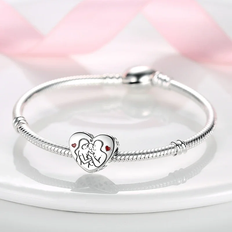 Romantic Valentine's Day Charms Pink Heart Rose Bear Charms Fit for 925 Silver Bracelet Necklace Women Anniversary‘s Gifts