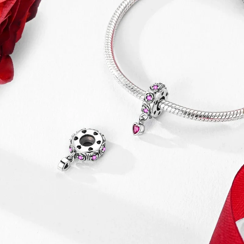 Romantic Valentine's Day Charms Pink Heart Rose Bear Charms Fit for 925 Silver Bracelet Necklace Women Anniversary‘s Gifts