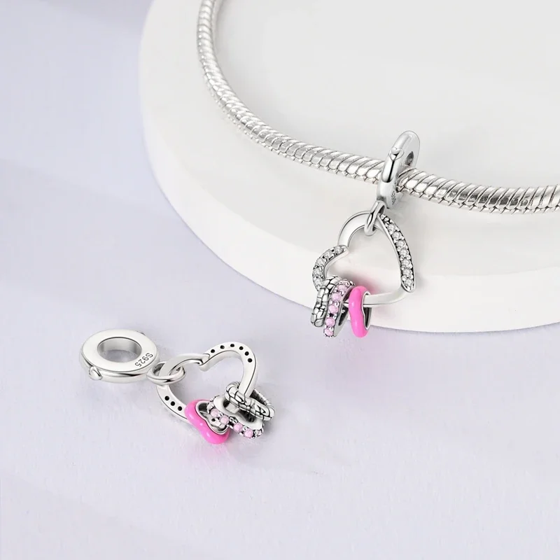 Romantic Valentine's Day Charms Pink Heart Rose Bear Charms Fit for 925 Silver Bracelet Necklace Women Anniversary‘s Gifts