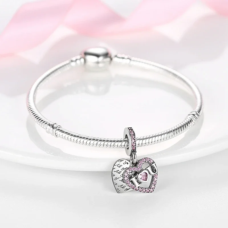 Romantic Valentine's Day Charms Pink Heart Rose Bear Charms Fit for 925 Silver Bracelet Necklace Women Anniversary‘s Gifts