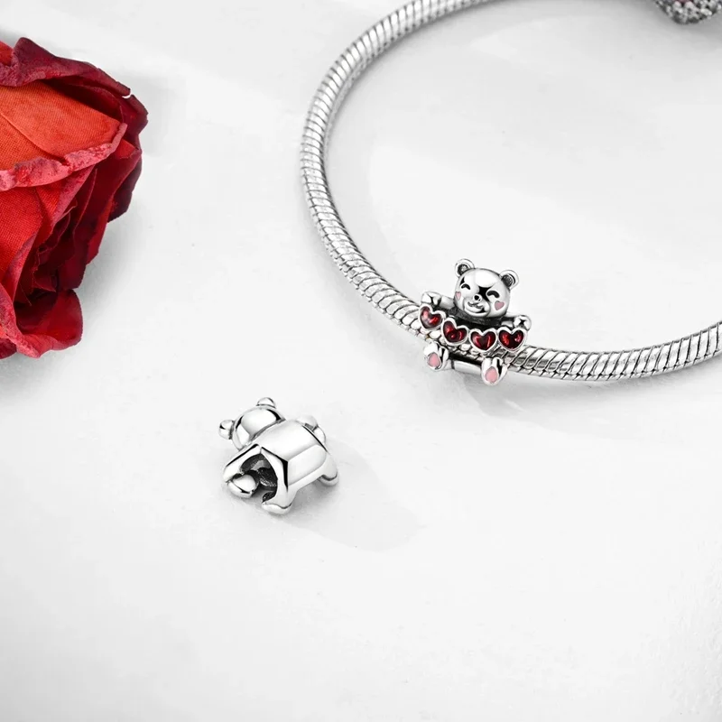 Romantic Valentine's Day Charms Pink Heart Rose Bear Charms Fit for 925 Silver Bracelet Necklace Women Anniversary‘s Gifts