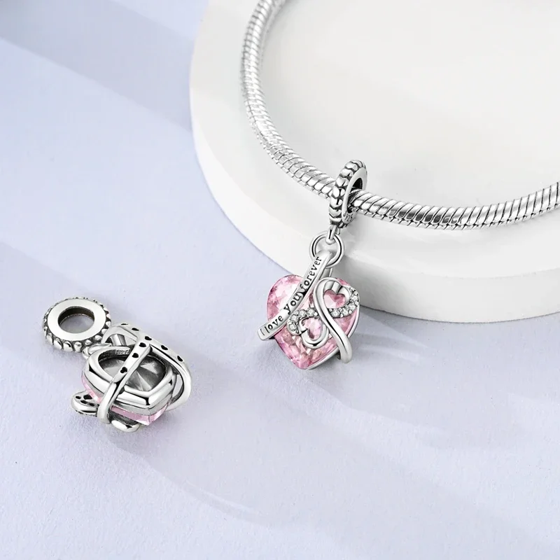 Romantic Valentine's Day Charms Pink Heart Rose Bear Charms Fit for 925 Silver Bracelet Necklace Women Anniversary‘s Gifts