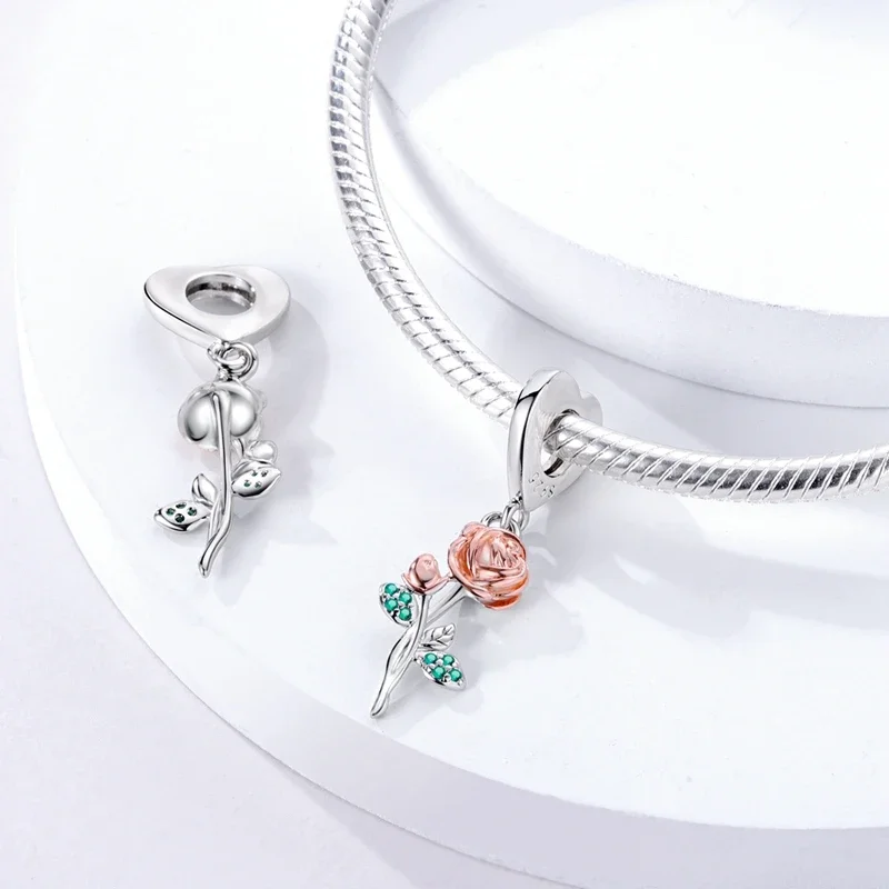 Romantic Valentine's Day Charms Pink Heart Rose Bear Charms Fit for 925 Silver Bracelet Necklace Women Anniversary‘s Gifts