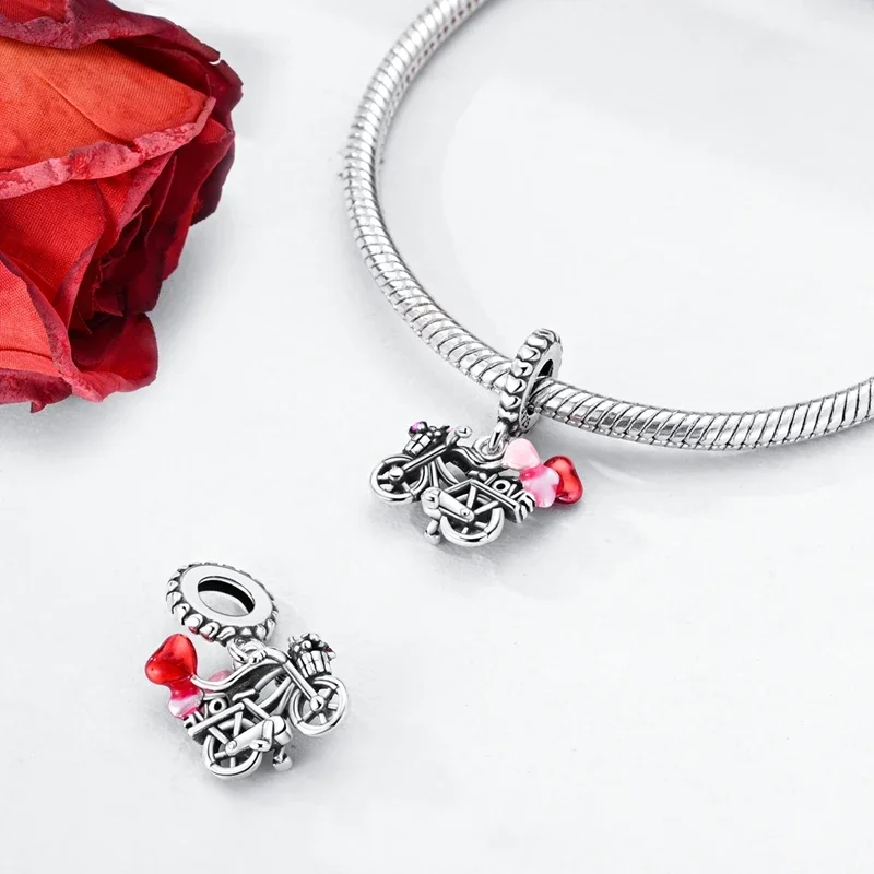 Romantic Valentine's Day Charms Pink Heart Rose Bear Charms Fit for 925 Silver Bracelet Necklace Women Anniversary‘s Gifts