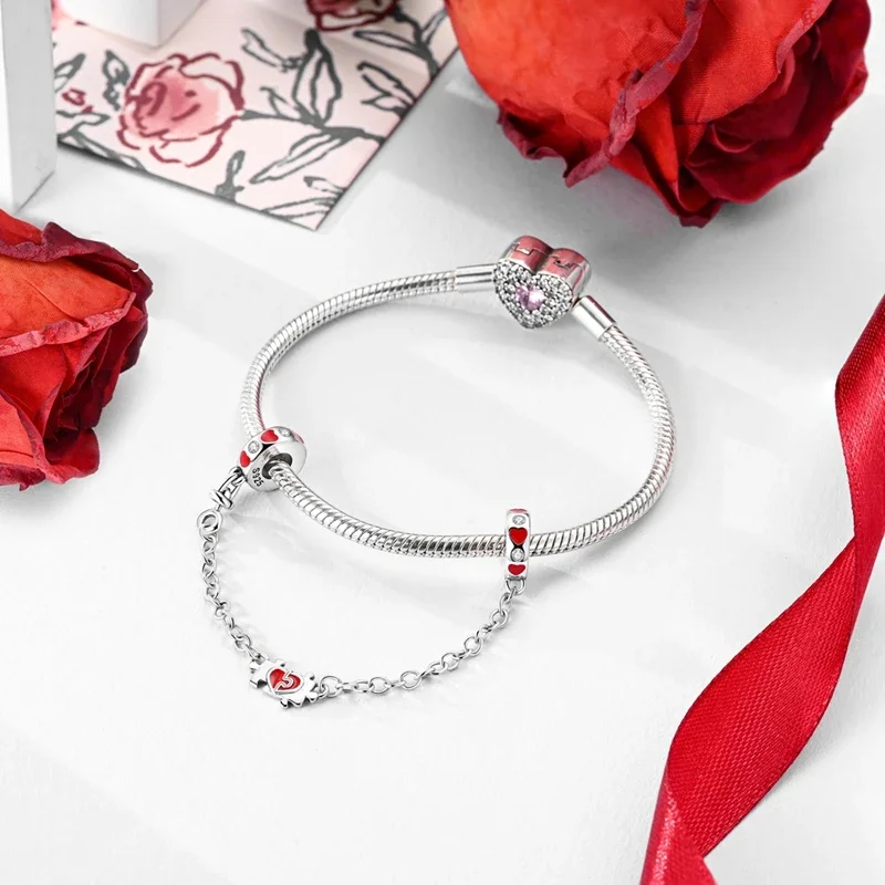 Romantic Valentine's Day Charms Pink Heart Rose Bear Charms Fit for 925 Silver Bracelet Necklace Women Anniversary‘s Gifts