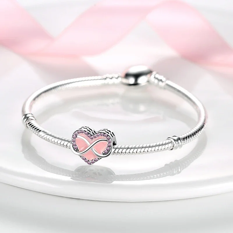Romantic Valentine's Day Charms Pink Heart Rose Bear Charms Fit for 925 Silver Bracelet Necklace Women Anniversary‘s Gifts