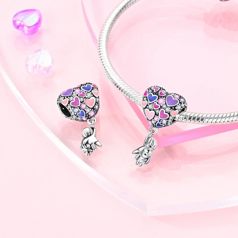Romantic Valentine's Day Charms Pink Heart Rose Bear Charms Fit for 925 Silver Bracelet Necklace Women Anniversary‘s Gifts