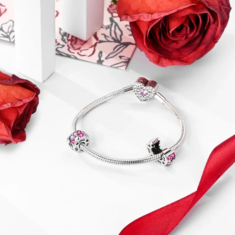 Romantic Valentine's Day Charms Pink Heart Rose Bear Charms Fit for 925 Silver Bracelet Necklace Women Anniversary‘s Gifts