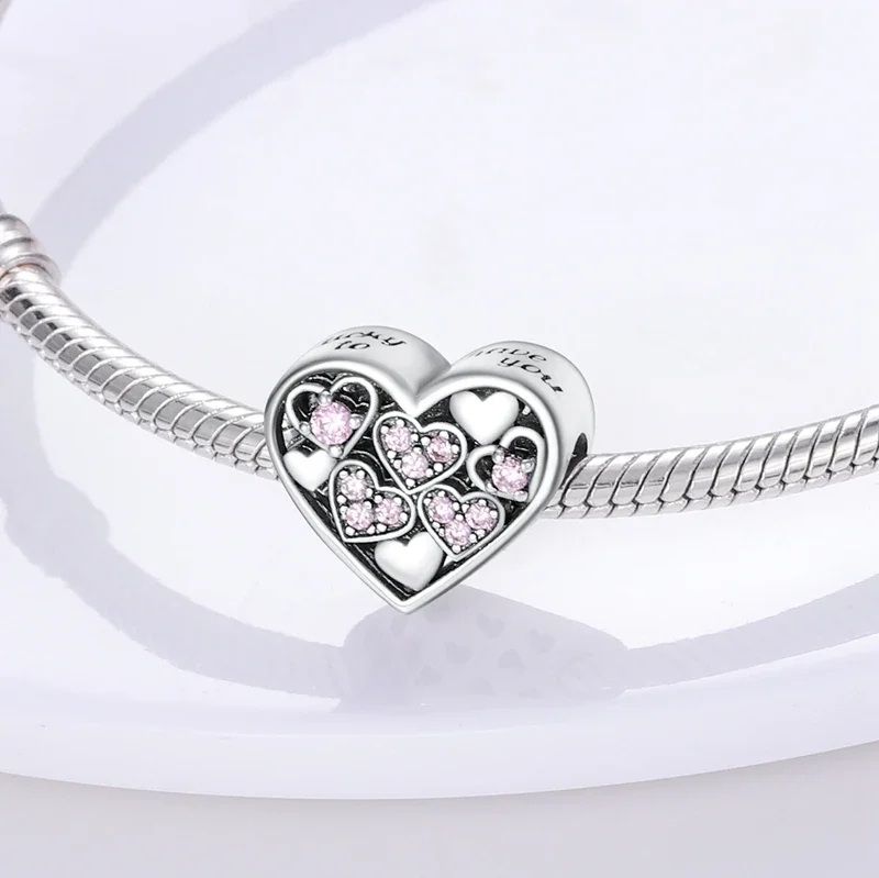 Romantic Valentine's Day Charms Pink Heart Rose Bear Charms Fit for 925 Silver Bracelet Necklace Women Anniversary‘s Gifts