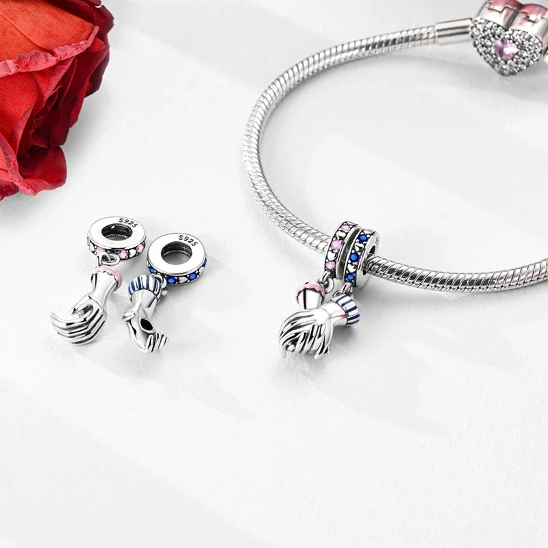 Romantic Valentine's Day Charms Pink Heart Rose Bear Charms Fit for 925 Silver Bracelet Necklace Women Anniversary‘s Gifts