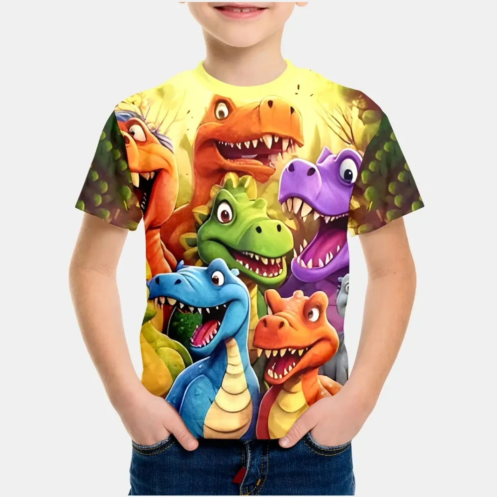 Kids Boy Clothes 3D Cartoon Dinosaur Graphic T Shirts Fun Children's Clothing Summer Crew Neck Short Sleeves T-Shirts for Boys