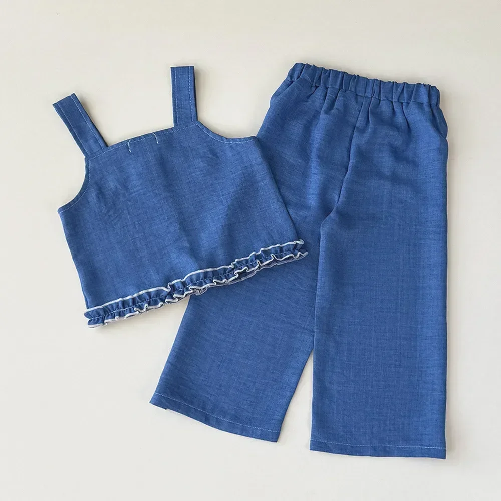 Summer Kids Clothes Korean Version Fashion 3-7Y Girls Blue Imitation Denim Bow Print Sleeveless Tops+Pants 2 Pcs Set