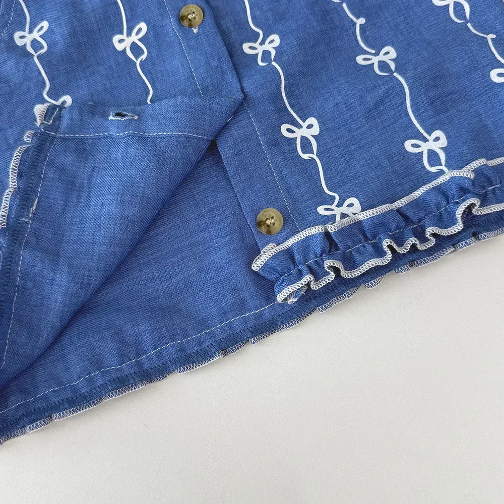 Summer Kids Clothes Korean Version Fashion 3-7Y Girls Blue Imitation Denim Bow Print Sleeveless Tops+Pants 2 Pcs Set