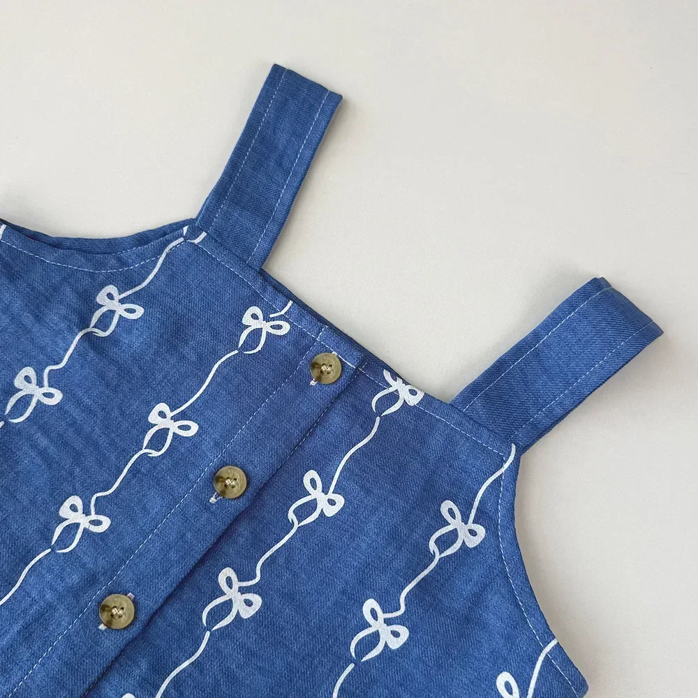 Summer Kids Clothes Korean Version Fashion 3-7Y Girls Blue Imitation Denim Bow Print Sleeveless Tops+Pants 2 Pcs Set