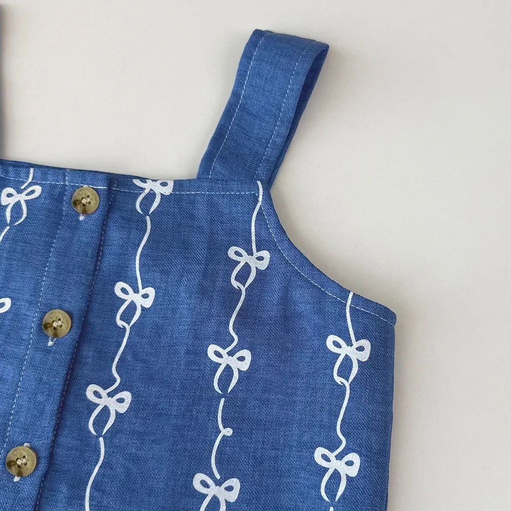Summer Kids Clothes Korean Version Fashion 3-7Y Girls Blue Imitation Denim Bow Print Sleeveless Tops+Pants 2 Pcs Set