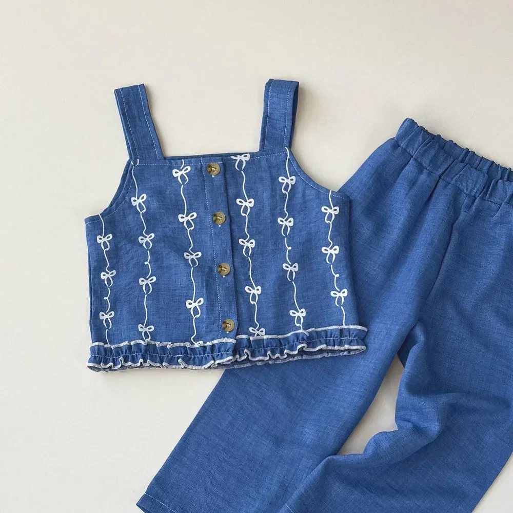 Summer Kids Clothes Korean Version Fashion 3-7Y Girls Blue Imitation Denim Bow Print Sleeveless Tops+Pants 2 Pcs Set