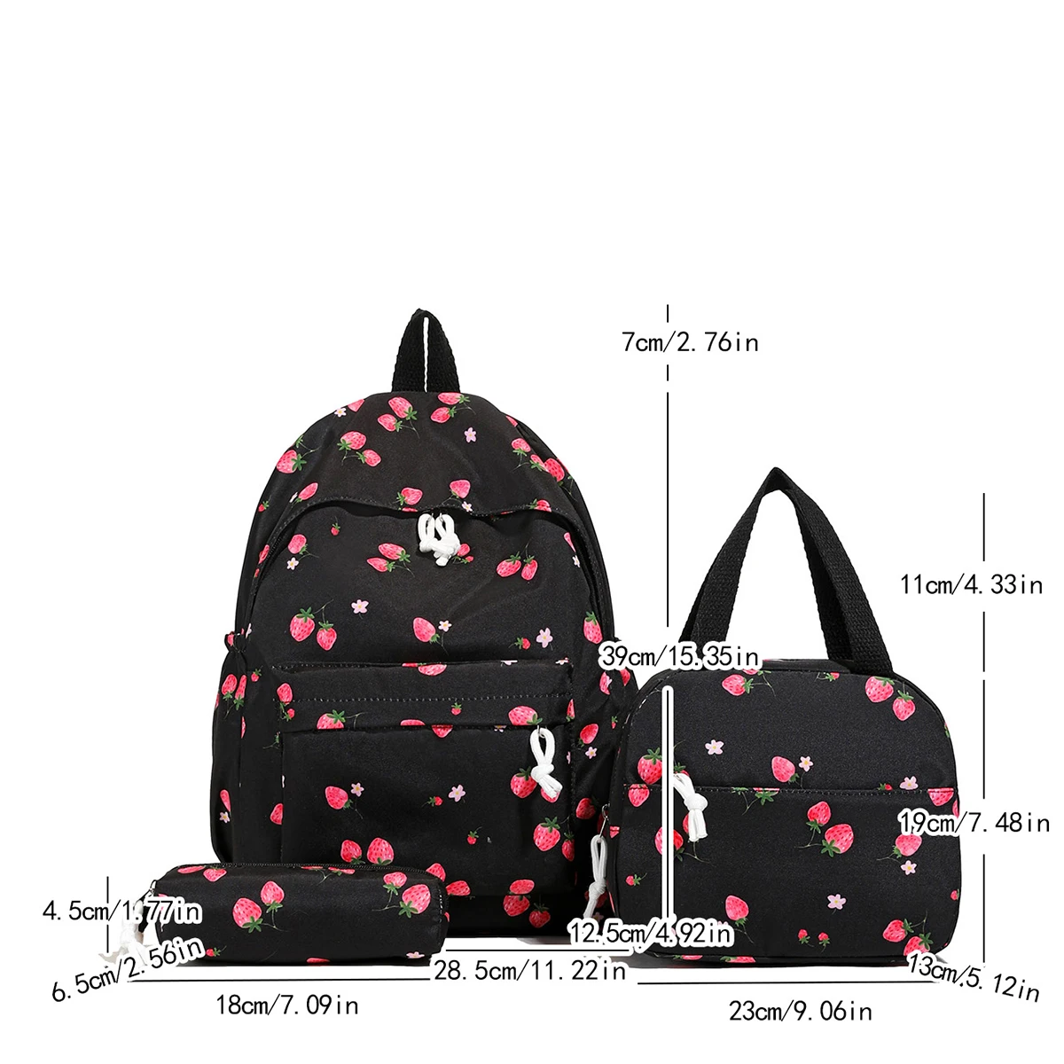 Fashionable Cute Strawberry Backpack Set 3Pcs Handbag&Pen Pouch Quilted Nylon Women's Dual Zipper Campus Commute Essentials