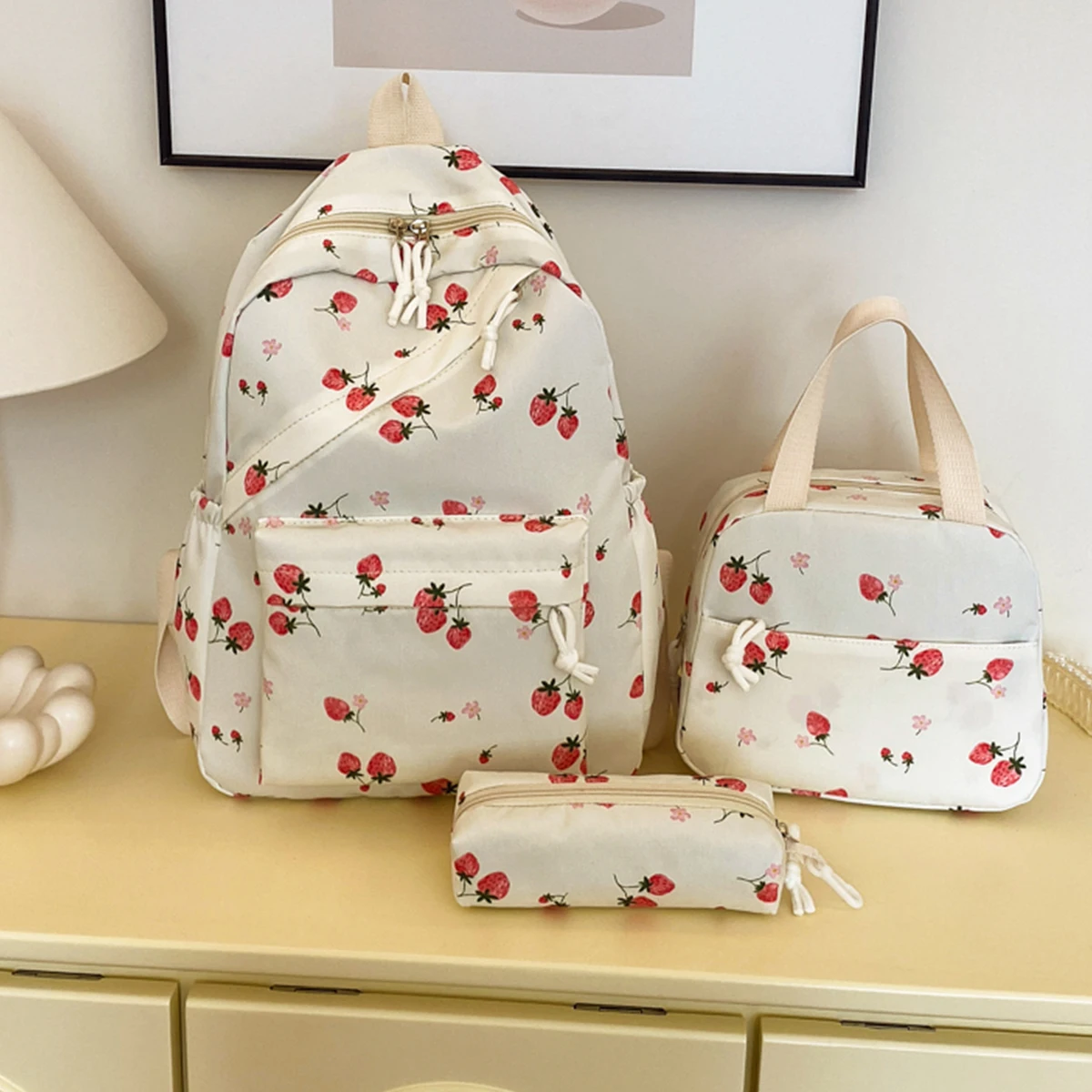 Fashionable Cute Strawberry Backpack Set 3Pcs Handbag&Pen Pouch Quilted Nylon Women's Dual Zipper Campus Commute Essentials