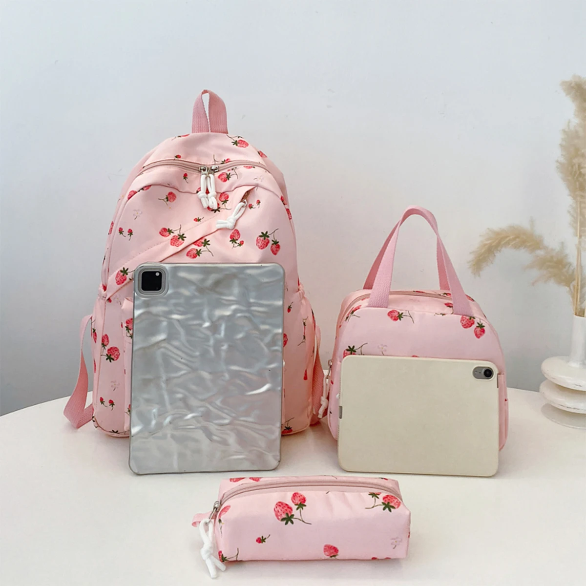 Fashionable Cute Strawberry Backpack Set 3Pcs Handbag&Pen Pouch Quilted Nylon Women's Dual Zipper Campus Commute Essentials
