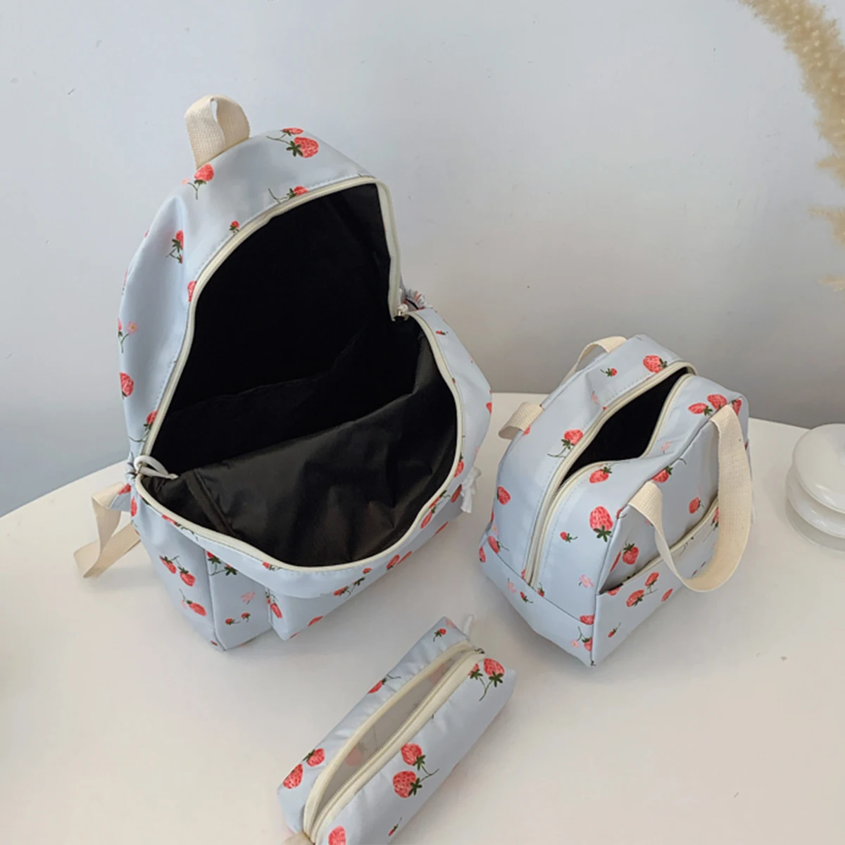 Fashionable Cute Strawberry Backpack Set 3Pcs Handbag&Pen Pouch Quilted Nylon Women's Dual Zipper Campus Commute Essentials