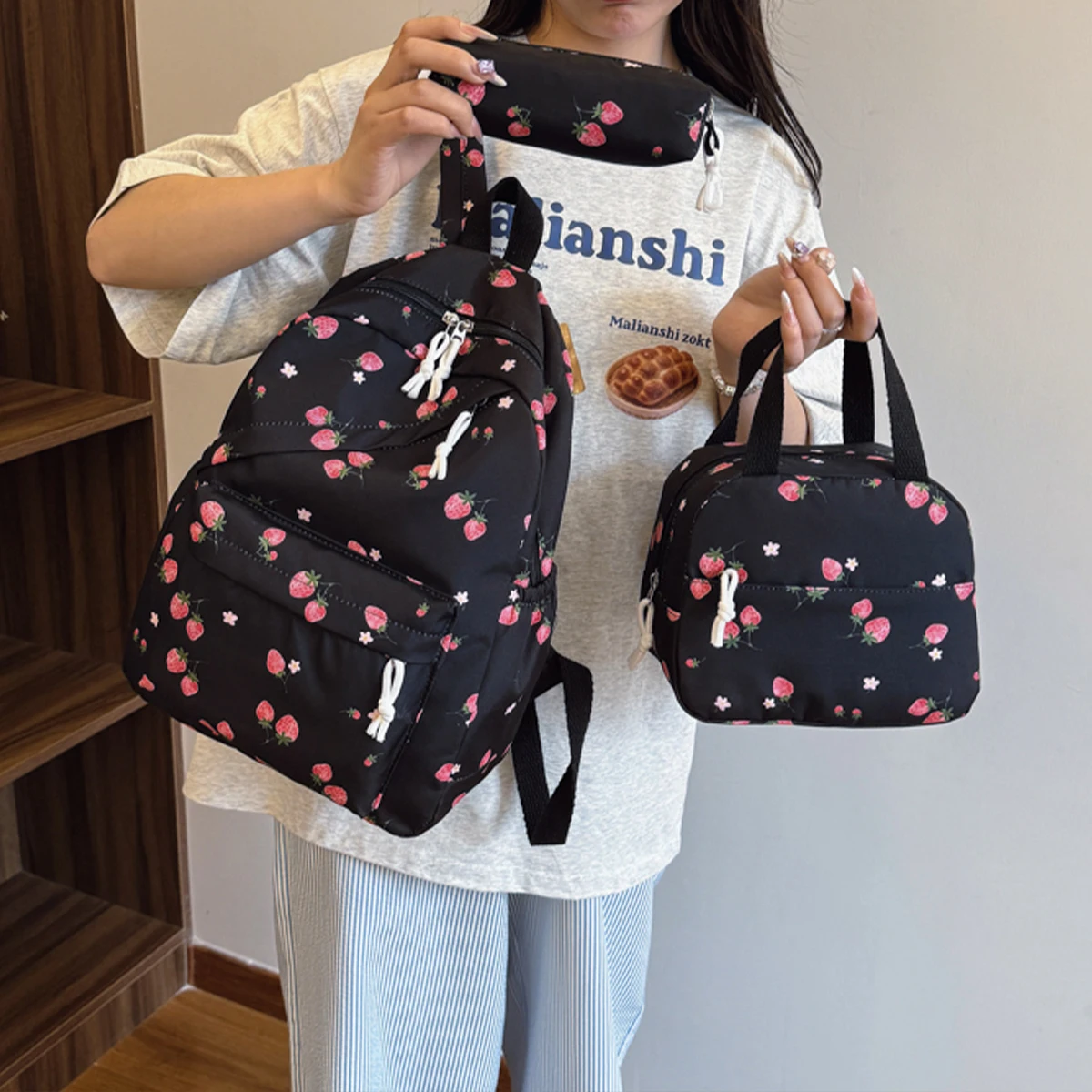 Fashionable Cute Strawberry Backpack Set 3Pcs Handbag&Pen Pouch Quilted Nylon Women's Dual Zipper Campus Commute Essentials