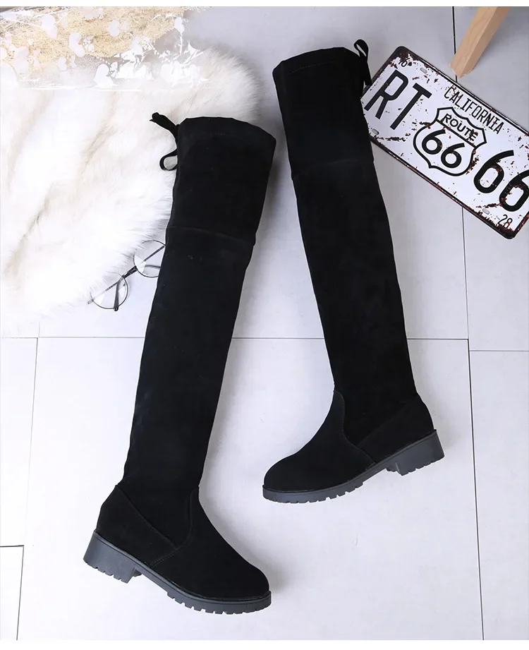 2025 Faux Suede Female Heels Autumn Winter Elastic Knee-high Boots for Women Tube Lace-up Thigh Boots Black Botas