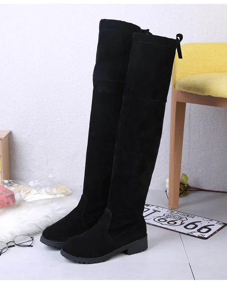 2025 Faux Suede Female Heels Autumn Winter Elastic Knee-high Boots for Women Tube Lace-up Thigh Boots Black Botas