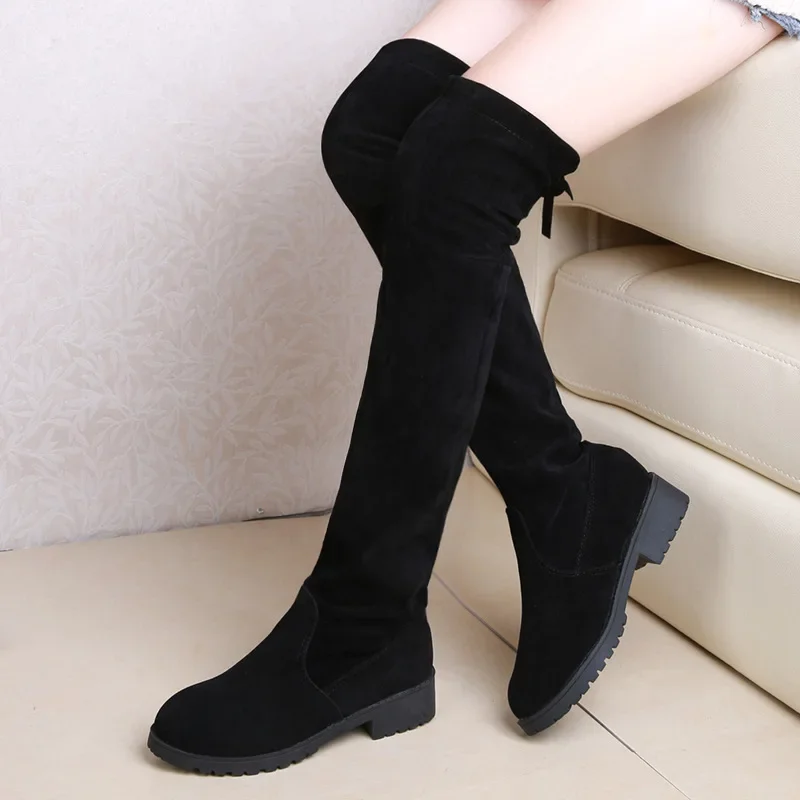 2025 Faux Suede Female Heels Autumn Winter Elastic Knee-high Boots for Women Tube Lace-up Thigh Boots Black Botas