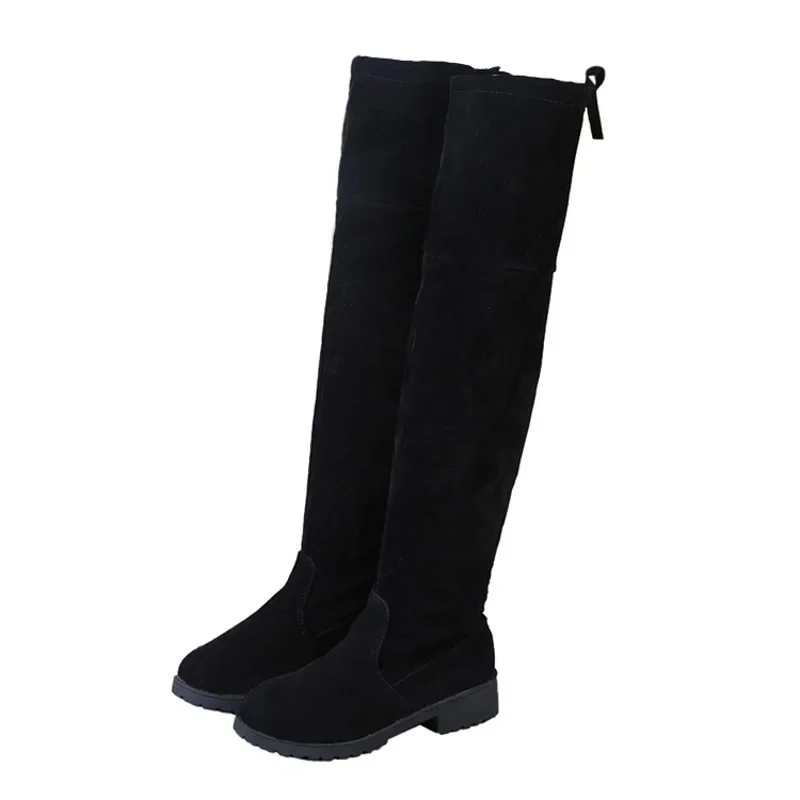2025 Faux Suede Female Heels Autumn Winter Elastic Knee-high Boots for Women Tube Lace-up Thigh Boots Black Botas