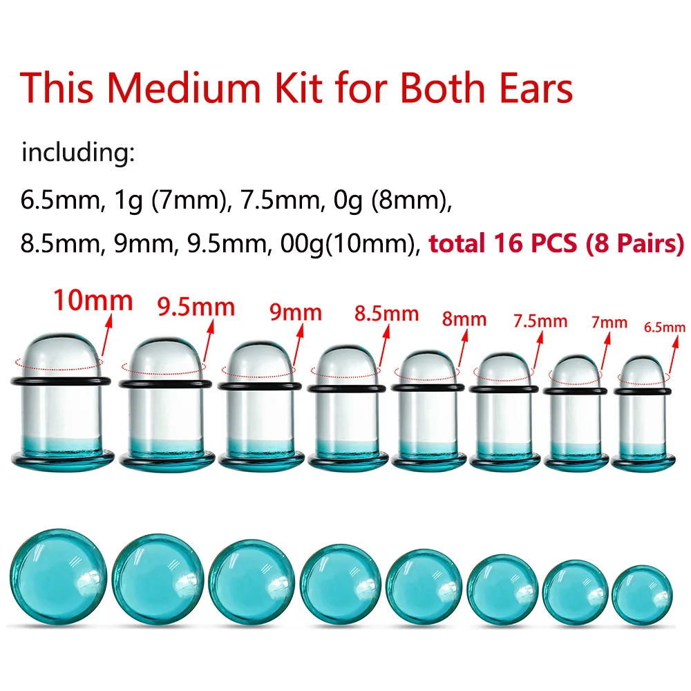 Casvort Pyrex Glass Dead Plugs 14G-00g Comfy Ear Gauges Tunnels Expander 0.5mm Increments Piercing Body Jewelry Stretching Kit