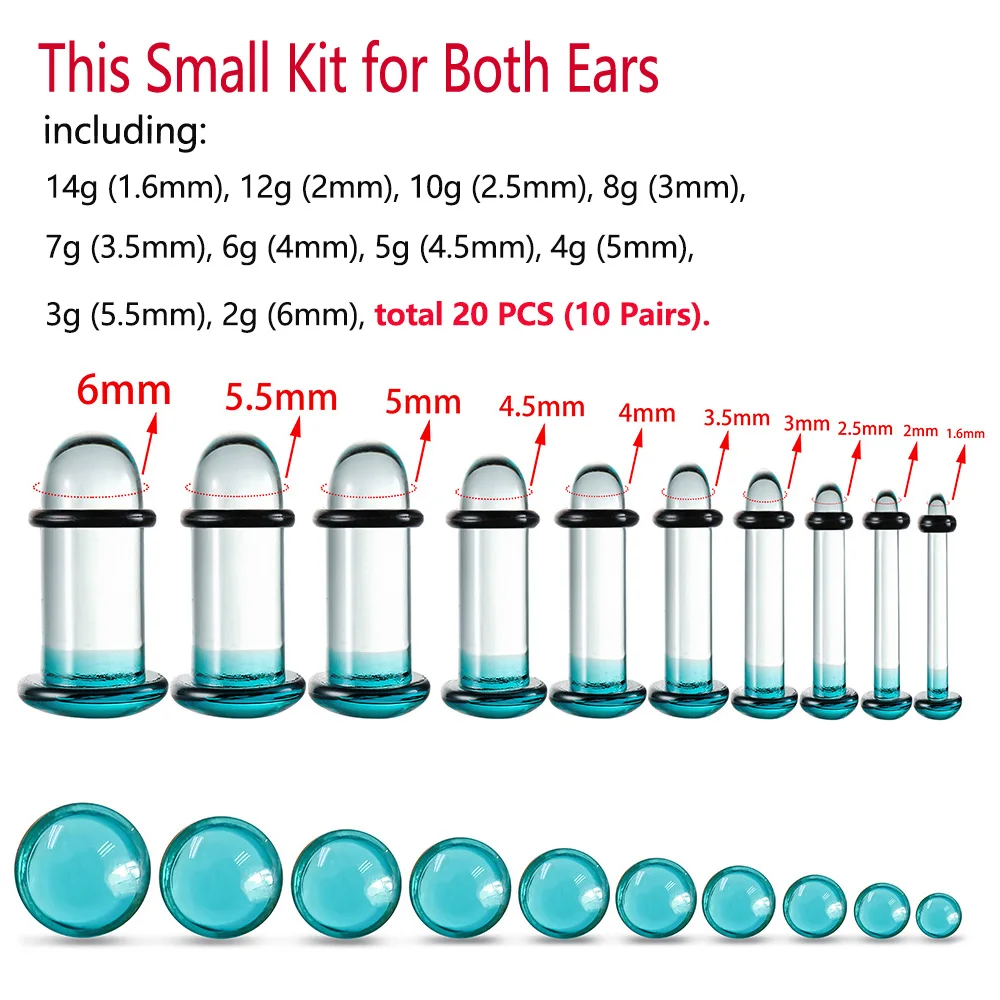Casvort Pyrex Glass Dead Plugs 14G-00g Comfy Ear Gauges Tunnels Expander 0.5mm Increments Piercing Body Jewelry Stretching Kit