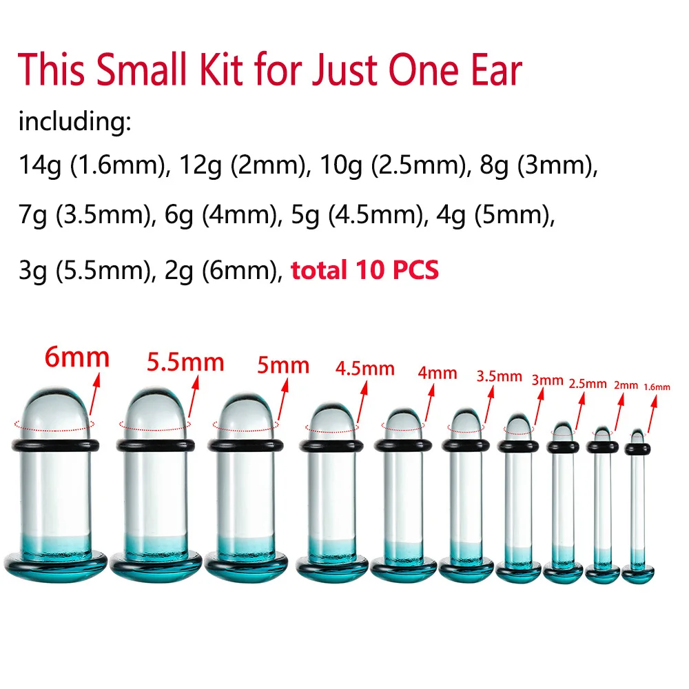 Casvort Pyrex Glass Dead Plugs 14G-00g Comfy Ear Gauges Tunnels Expander 0.5mm Increments Piercing Body Jewelry Stretching Kit