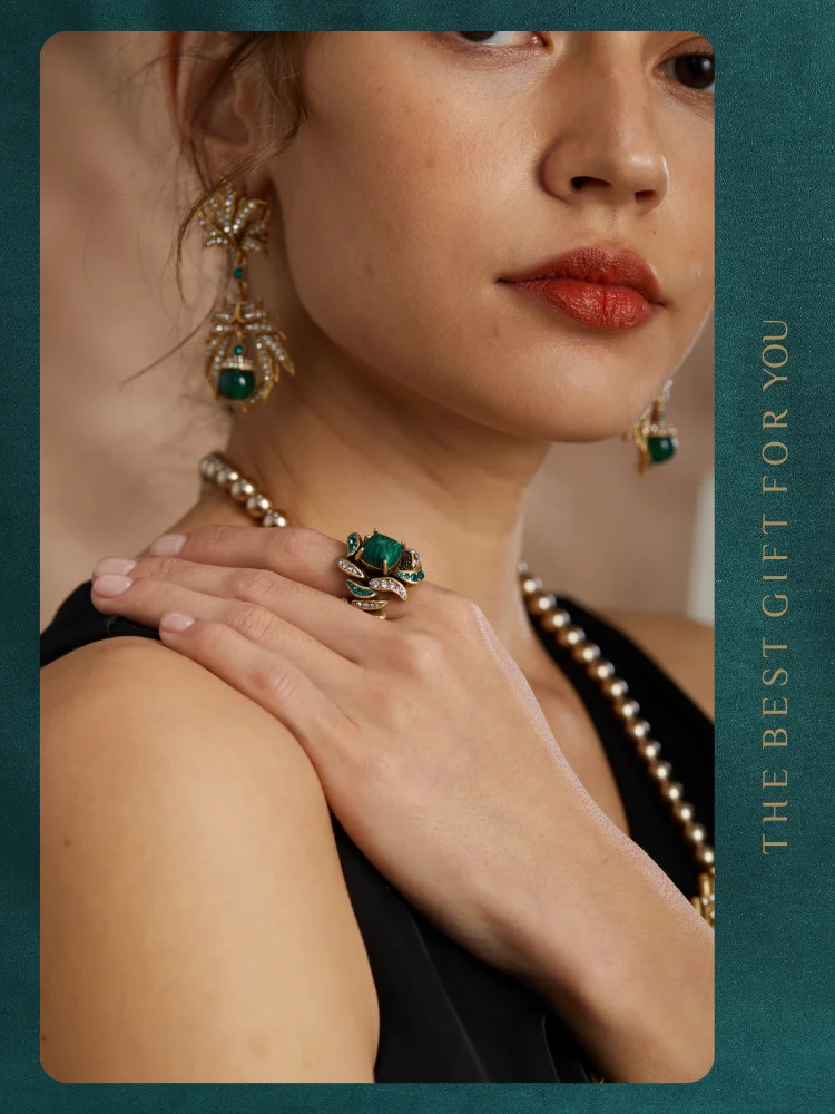 Vintage Jewelry Flower Full Crystal Green Malachite Rings for Woman Gold Color Party Gift Boho Wedding New Arrival 2024