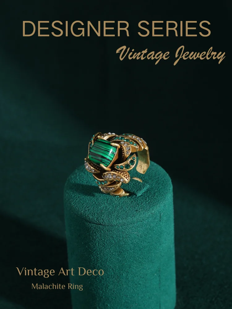 Vintage Jewelry Flower Full Crystal Green Malachite Rings for Woman Gold Color Party Gift Boho Wedding New Arrival 2024