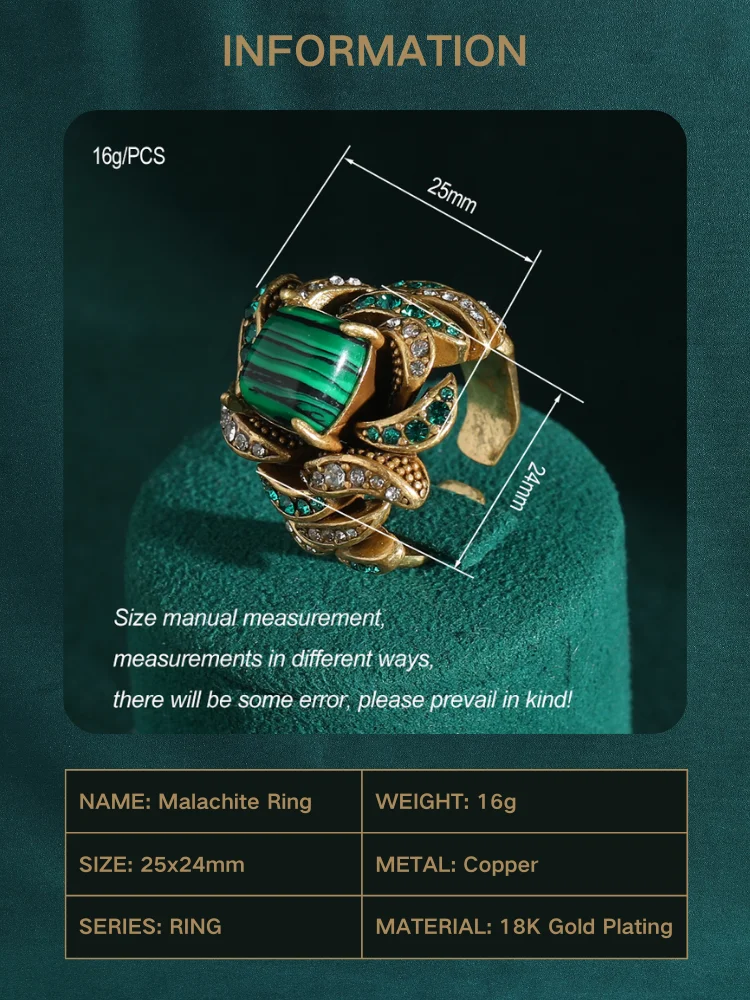 Vintage Jewelry Flower Full Crystal Green Malachite Rings for Woman Gold Color Party Gift Boho Wedding New Arrival 2024