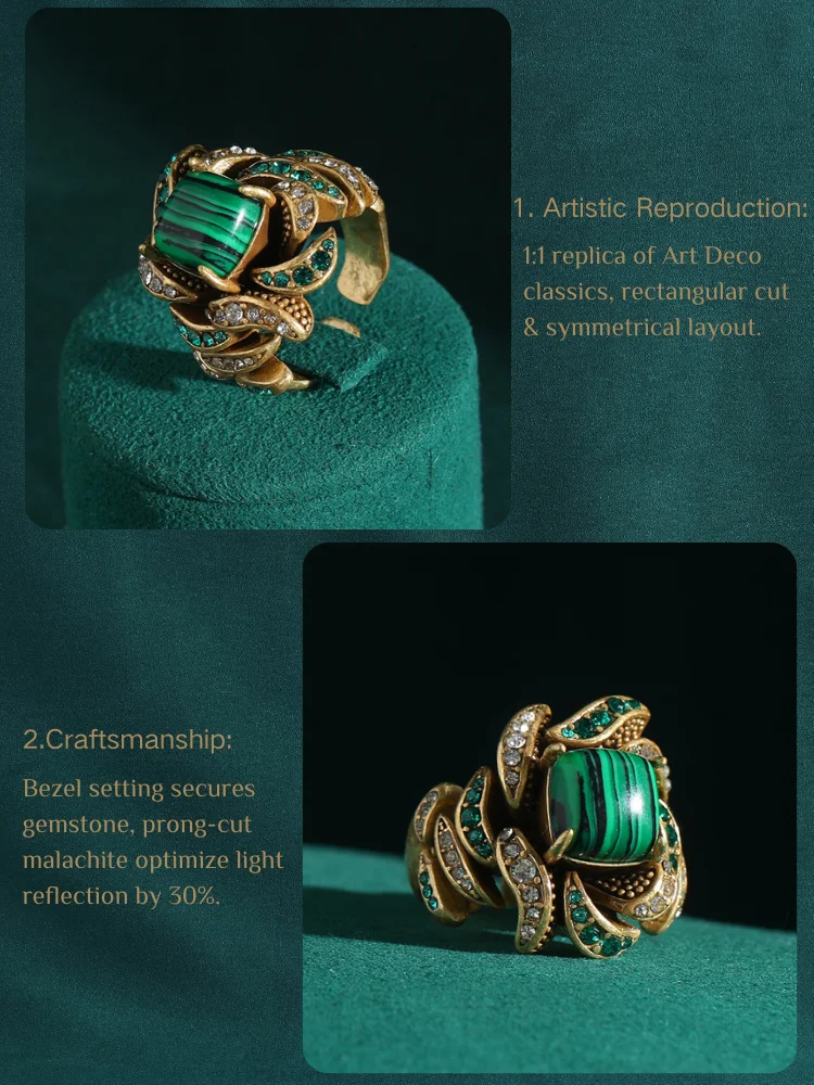 Vintage Jewelry Flower Full Crystal Green Malachite Rings for Woman Gold Color Party Gift Boho Wedding New Arrival 2024