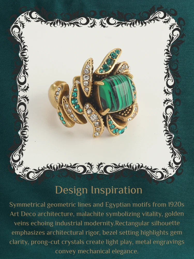 Vintage Jewelry Flower Full Crystal Green Malachite Rings for Woman Gold Color Party Gift Boho Wedding New Arrival 2024