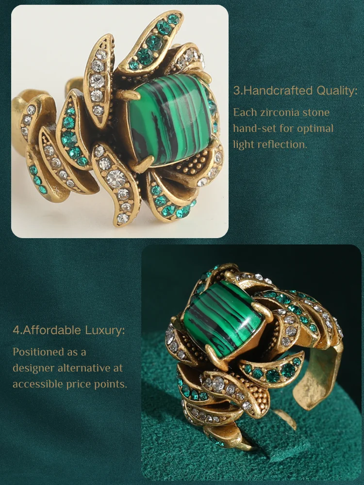 Vintage Jewelry Flower Full Crystal Green Malachite Rings for Woman Gold Color Party Gift Boho Wedding New Arrival 2024
