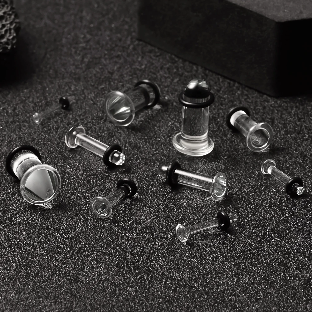 10/16/18pc Glass Ear Gauges Stretching Kit Short Taper Expander Comfy Dead Stretching Plugs with Rubber Rings Crazy Body Jewelry
