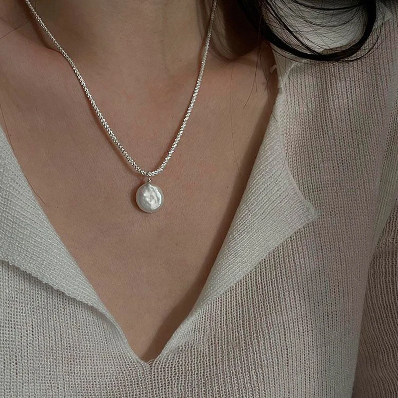 New 925 Sterling Silver Sparkling Round Pearl Necklace Simple Style Charm Pendant Choker Birthday Gift for Women Fine Jewelry