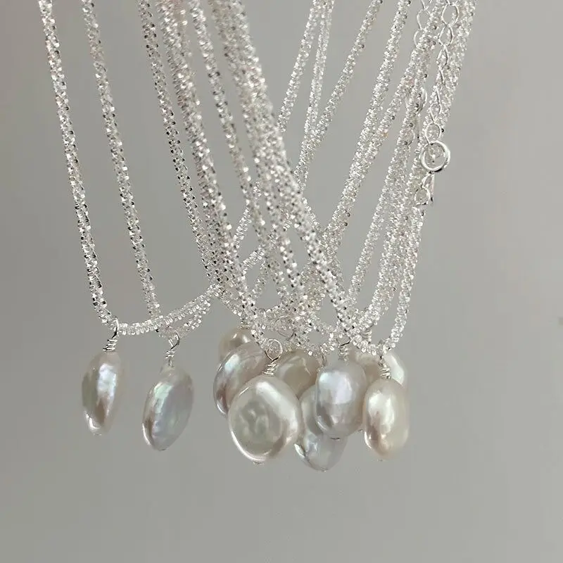 New 925 Sterling Silver Sparkling Round Pearl Necklace Simple Style Charm Pendant Choker Birthday Gift for Women Fine Jewelry