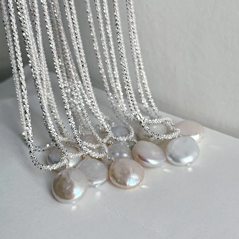 New 925 Sterling Silver Sparkling Round Pearl Necklace Simple Style Charm Pendant Choker Birthday Gift for Women Fine Jewelry