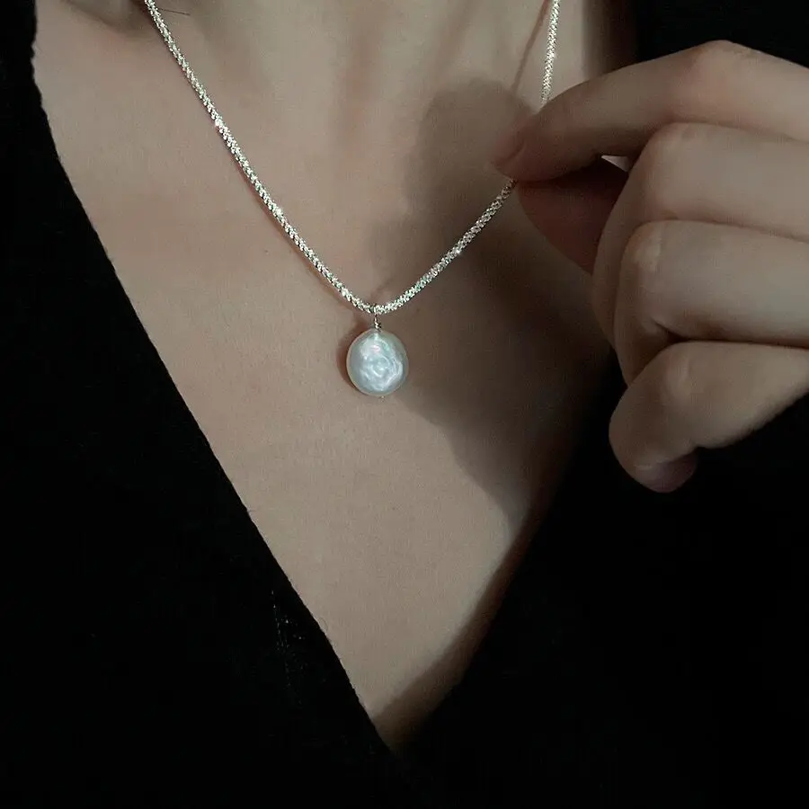 New 925 Sterling Silver Sparkling Round Pearl Necklace Simple Style Charm Pendant Choker Birthday Gift for Women Fine Jewelry